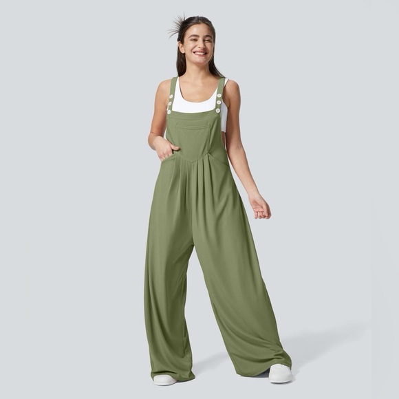 Halara Adjustable Strap Button Multiple Pockets Waffle Casual Overalls Green - Picture 8 of 10